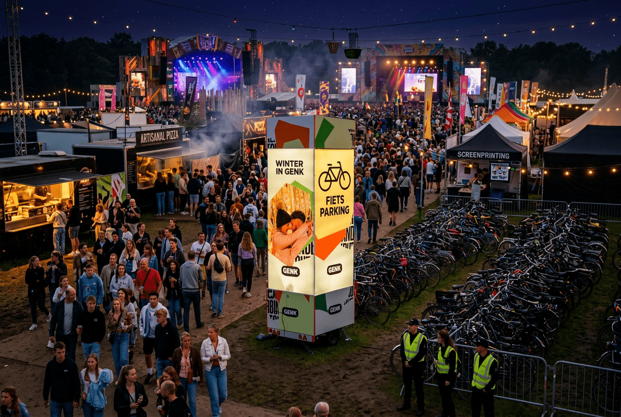 Mobiele lichttotem Stad Genk — nachtopname